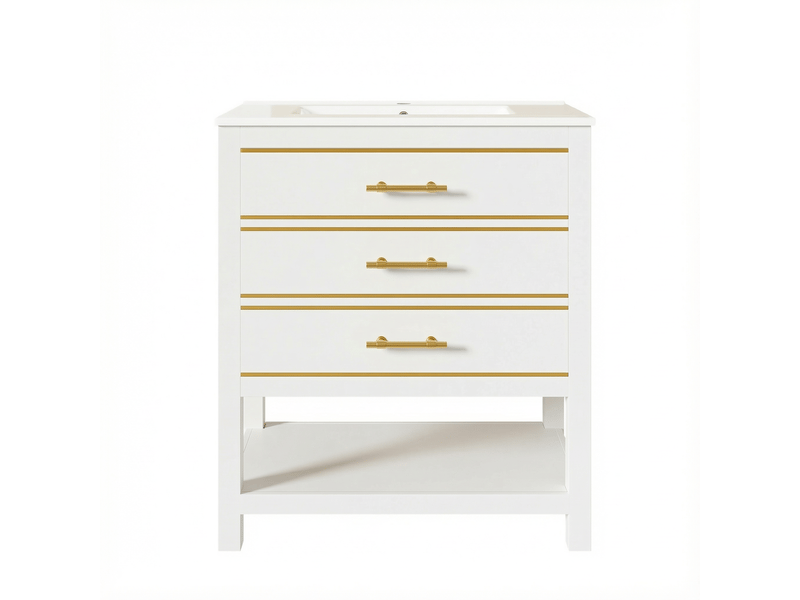  Meuble sous vasque avec 2 tiroirs et niche ouverte, vasque en céramique, salle de bain, mdf blanc et doré, 76 cm  - Conforama A