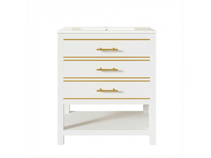 Meuble sous vasque avec 2 tiroirs et niche ouverte, vasque en céramique, salle de bain, mdf blanc et doré, 76 cm