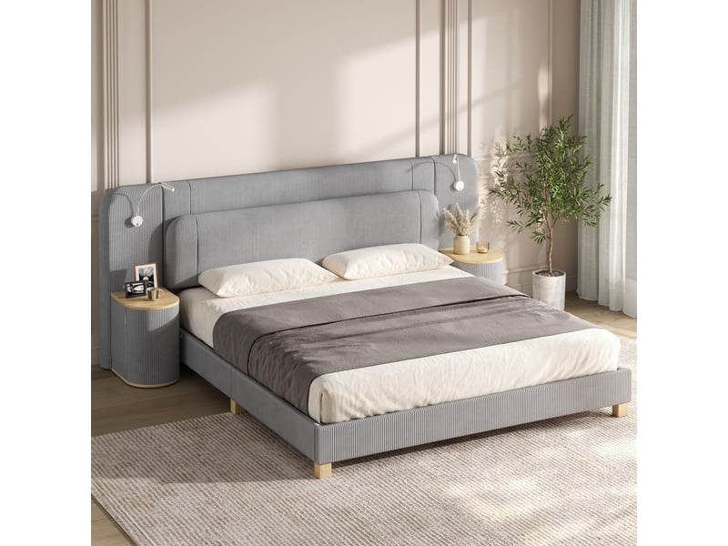  Lit rembourré 180x200 cm éclairage led velours côtelé gain de place pour chambre enfant ou adulte moderne gris OPULERANE TRADING LTD - Conforama B