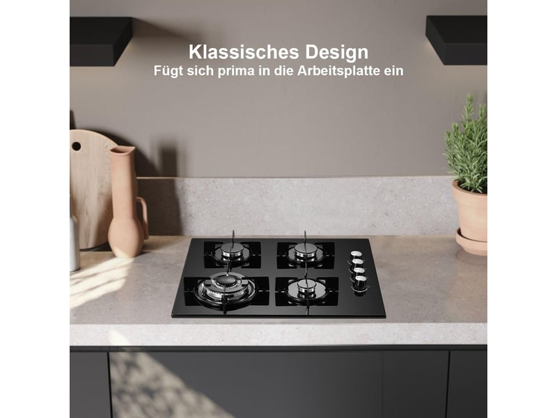  Plaque de cuisson gaz 4 feux, plaque gaz 60 cm en verre trempé noir, 8000 w, encastrable ou posable, gaz naturel et propane  - Conforama W