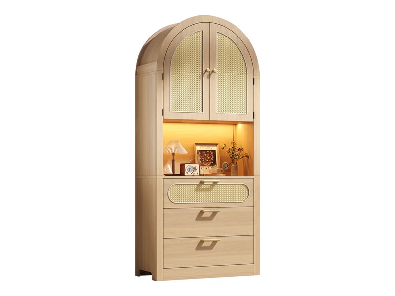 Vitrine chêne clair 80 cm - portes rotin, led réglable - 1 vitrine, 2 niches, 3 tiroirs - salon - Conforama A