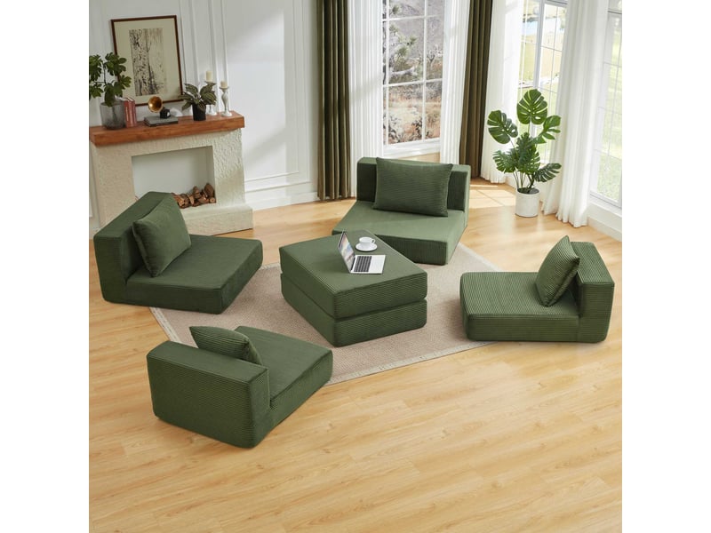  Canapé modulable 3 places en velours côtelé vert convertible en lit d'appoint  - Conforama E