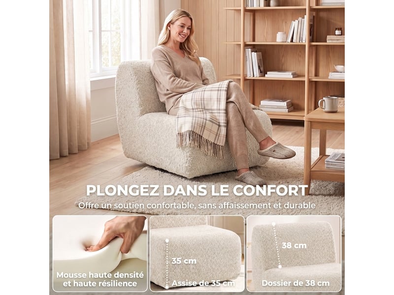 Fauteuil de salon pivotant 360°, canapé 1 place rembourré en chenille avec assise extra-large, rembourrage épais, beige - Conforama D