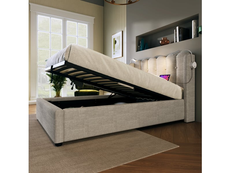  Modenvie lit coffre 90x200 cm - avec rangement intégré, liseuse et ports usb, sans matelas - naturel  - Conforama E