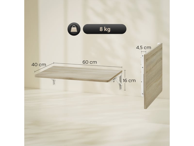  Table pliante murale, 60 x 40 cm, bureau suspendu gain de place aux angles arrondis, pour bureau, salon, chambre, cuisine, chêne  - Conforama C