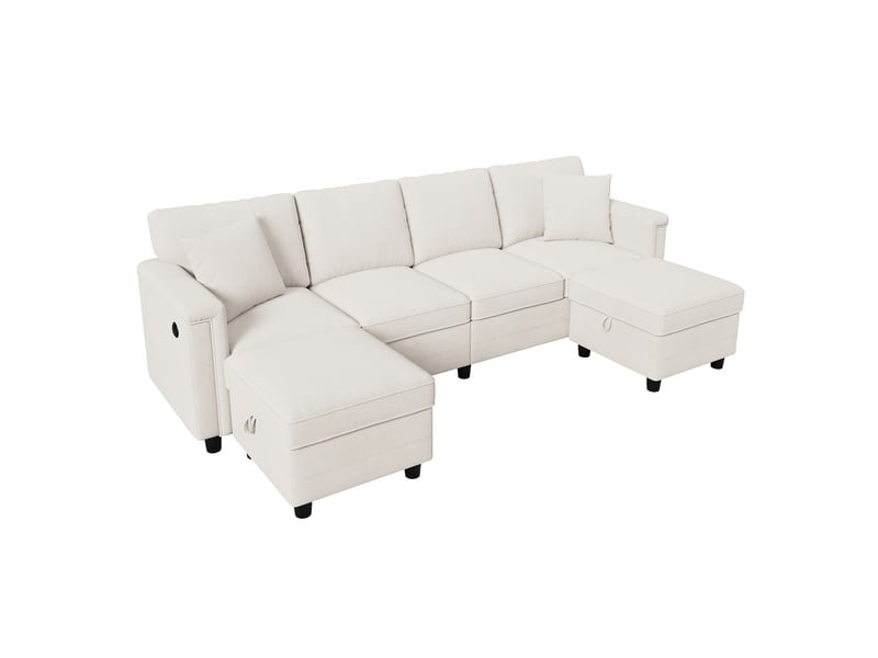  Canapé modulable beige en u et en l avec 2 poufs de rangement  - Conforama A