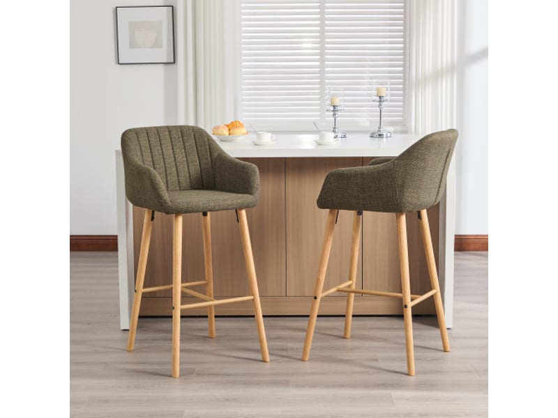 Tabouret de bar lot de 2 - chaise moderne avec dossier haut et accoudoirs, assise confortable en lin avec mousse haute densité, pieds en bois, vert - Conforama C