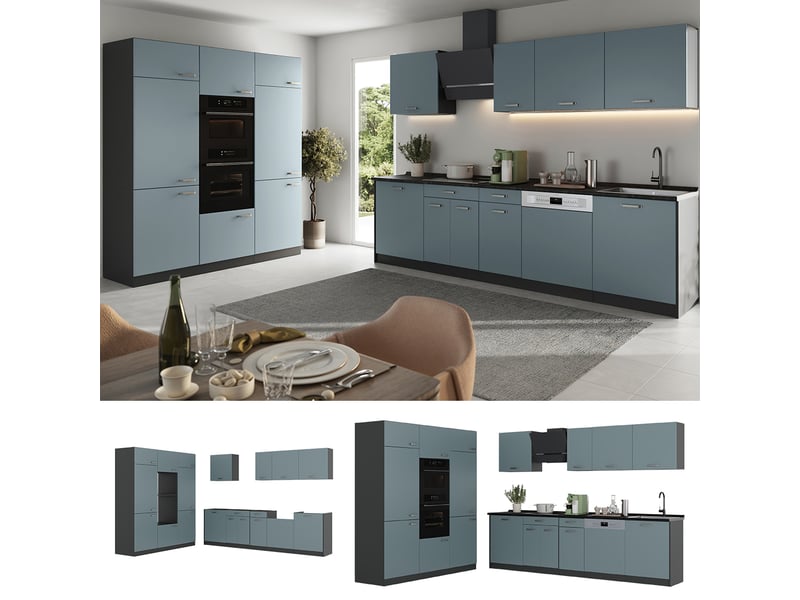 Vicco cuisine, bleu-grischêne doré, 180cm plan de travail anthracite - Conforama D