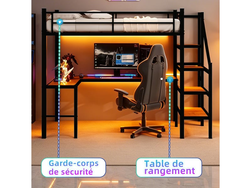  Lit mezzanine métal 90 x 190 cm, avec bureau en l, étagères et escalier de rangement, garde-corps, noir  - Conforama D