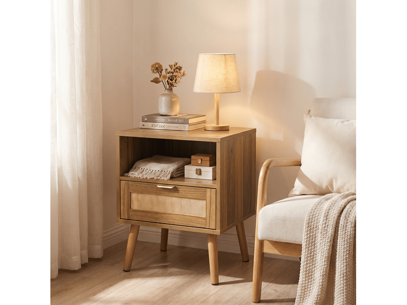  Table de chevet 45x40x55 cm finition noyer avec 1 tiroir et niche en rotin  - Conforama B