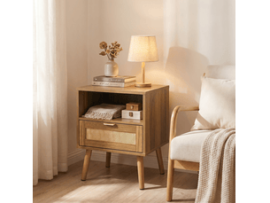Table de chevet 45x40x55 cm finition noyer avec 1 tiroir et niche en rotin