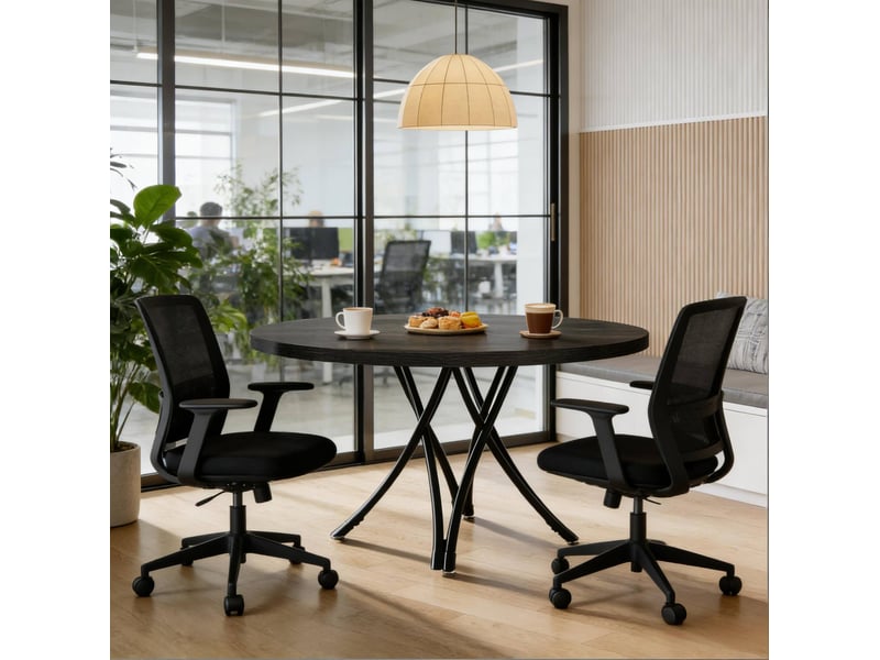  Table de salle à manger ronde pour 4 à 6 personnes avec pieds croisés style moderne pour cuisine en bois noir  - Conforama E