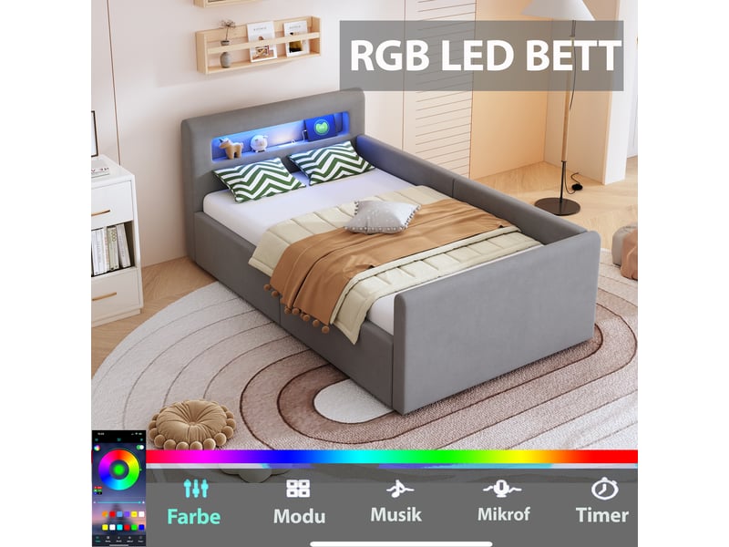  Lit coffre enfant 90x200 cm, led, port usb, espace de rangement, sommier, velours gris clair, sans matelas  - Conforama E