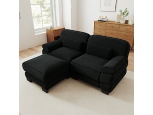 Canapé d'angle modulable - 2 places - forme l - 1 ottoman - coussins lombaires - velours côtelé - mobilier de salon - noir