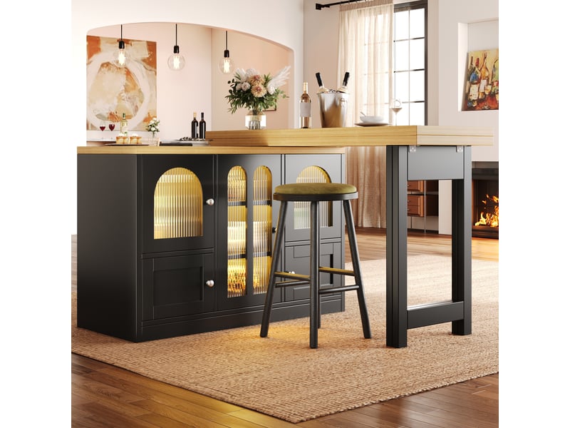  Îlot de cuisine multifonction 3 en 1 avec table à manger extensible, meuble de rangement avec portes vitrées, éclairage led rgb contrôlé par application, noir  - Conforama E
