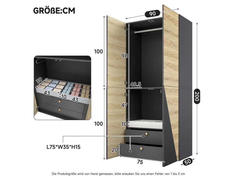  Armoire tcqpz 2 portes 90 x 50 x 200 cm avec penderie, porte-pantalons, boîte de rangement et 2 tiroirs mdf gris carbone et bois  - Conforama C