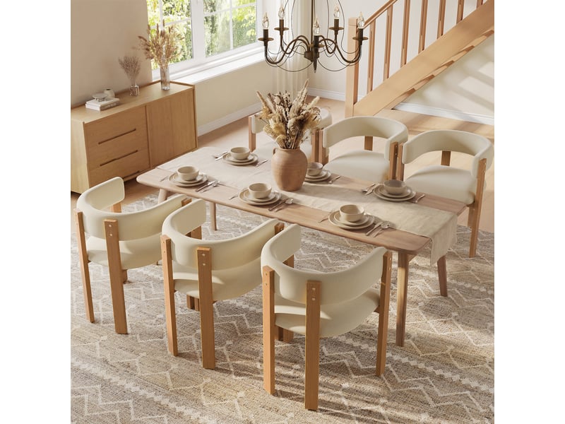  Lot de 6 chaises de salle à manger beige, dossier ergonomique rembourré, pieds métal effet bois naturel, assise épaisse, charge 150 kg  - Conforama B