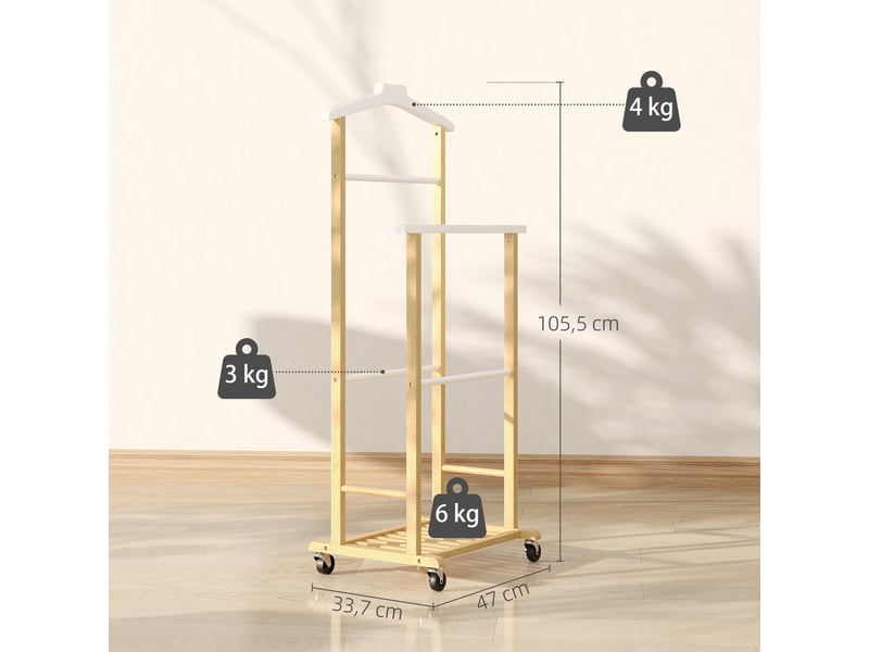  Valet de chambre à roulettes, portant à vêtements en bambou avec cintre intégré, tiges à pantalons et étagère, naturel  - Conforama D