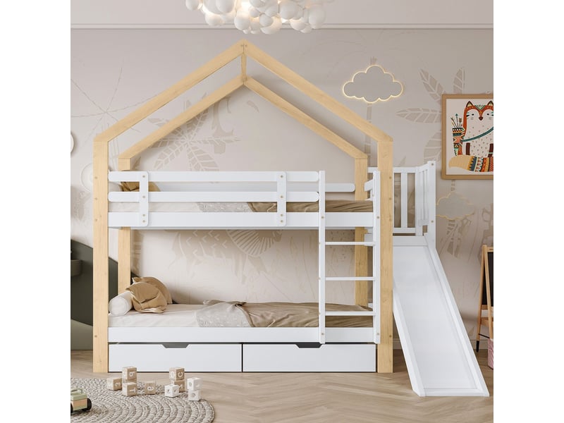  Lit superposé enfant 90x200, design cabane lit superposé cabane, toboggan, rangement, bois massif  - Conforama A
