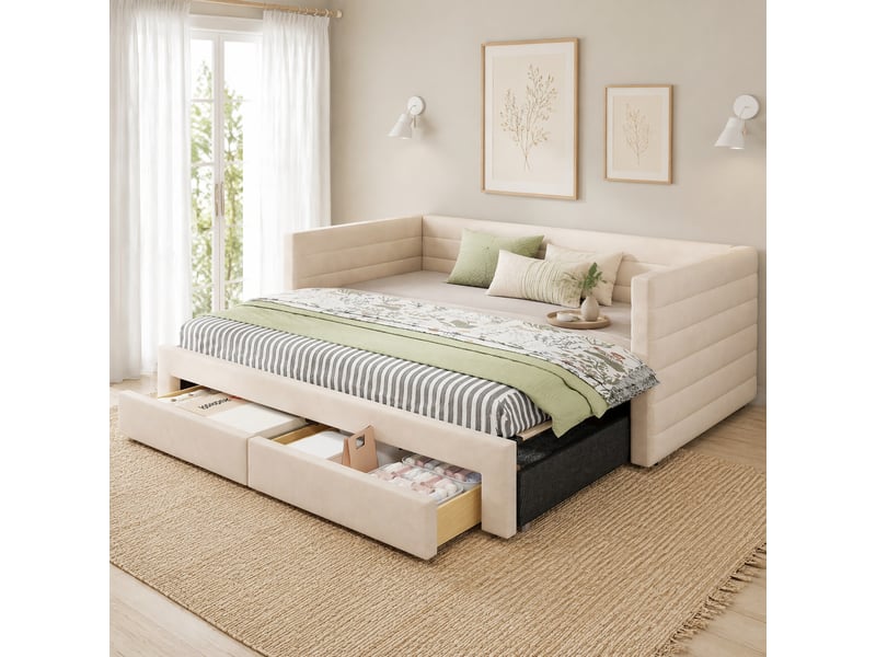  Lit gigogne 90x190 cm convertible en lit double, 2 tiroirs, en coton et lin beige  - Conforama C