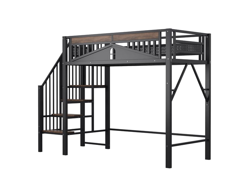  Lit mezzanine 90x200, structure métal sécurisée lit mezzanine, garde-corps fenêtre, rangements intégrés  - Conforama E