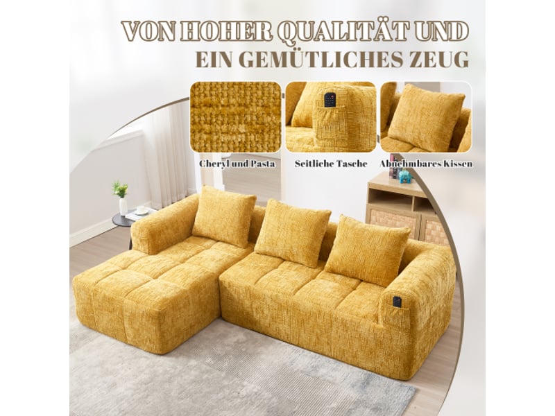  Canapé d'angle moderne 3 places en chenille jaune–méridienne, accoudoirs, 3 coussins, poche télécommande–sans montage  - Conforama E