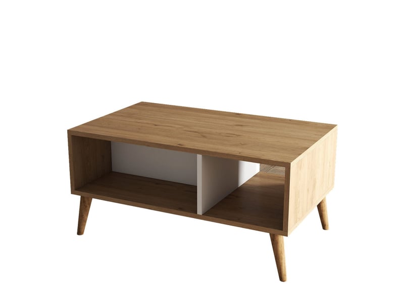 Table basse avec rangement décor chêne et blanc l 90 cm, 2 niveaux, pieds en bois - Conforama A