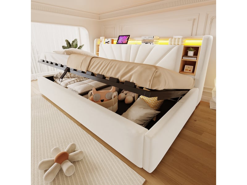  Lit banquette 90 × 200 cm, coffre hydraulique, led, usb, dossier avec étagères et rangements, velours beige doux  - Conforama D