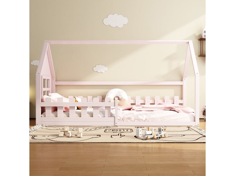 Lit cabane enfant 90x200 cm, lit fille rose en bois avec sommier, cadre de lit simple pour chambre d'enfant, design créatif. - Conforama R
