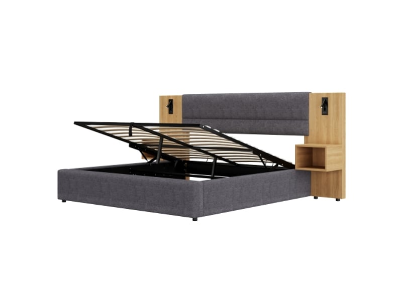  Lit velours gris 160x200 cm, tête large, led et usb, 2 tables de chevet avec rangements, sommier à lattes bois  - Conforama E