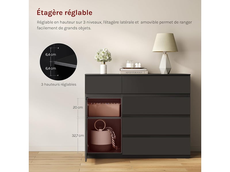 Commode chambre, avec 5 tiroirs et 1 placard , en bois d'ingénierie, 100x40x80 cm, noir  - Conforama E