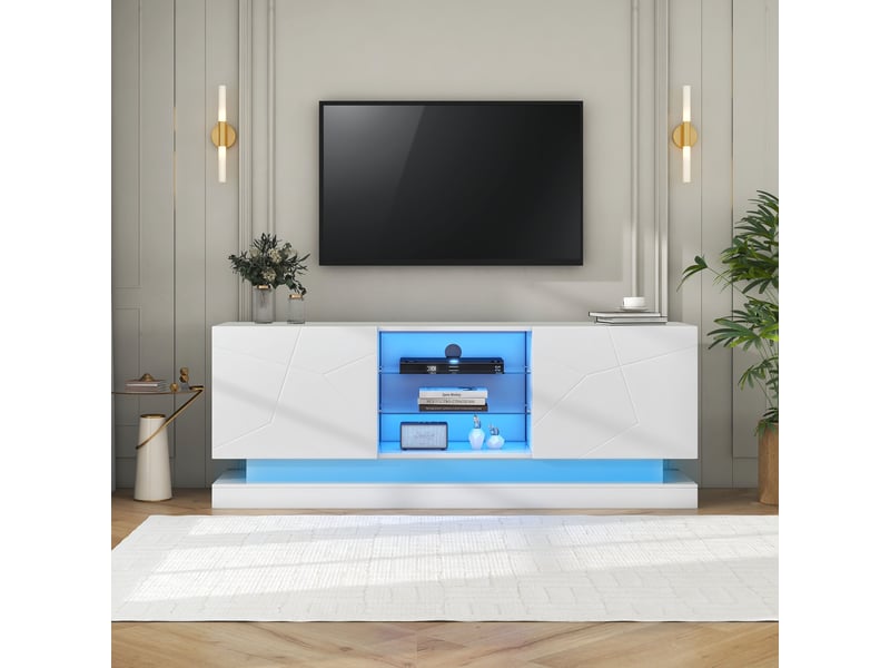  Meuble tv - 160cm - blanc mat - portes silencieuses - étagères verre réglables - gestion câbles intégrée  - Conforama W