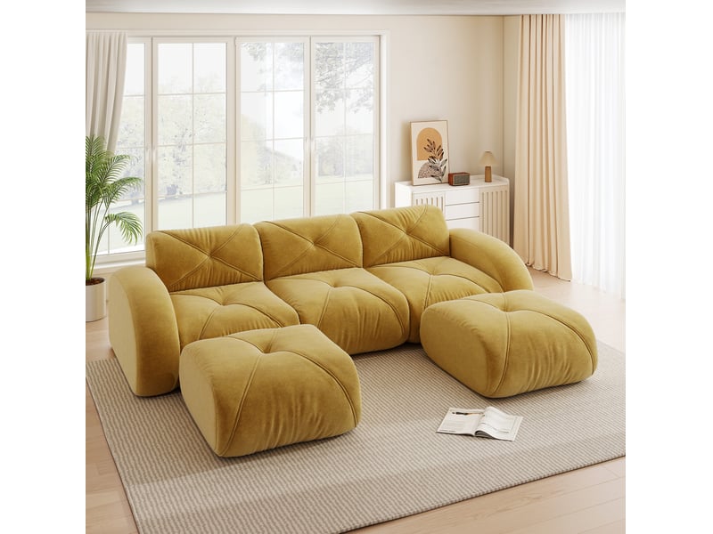  Canapé modulable en u 3 places en tissu jaune avec 2 poufs, mousse 32d et configuration flexible pour le salon  - Conforama B