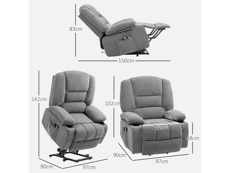  Fauteuil relax électrique releveur,97x90x102 cm,avec massage et chauffage,polyester,gris foncé  - Conforama C