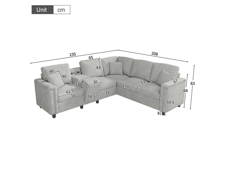  Canapé d'angle tcqpz 5 places 235 x 208 x 83 cm avec rangement usb type-c liseuse chenille gris clair  - Conforama C