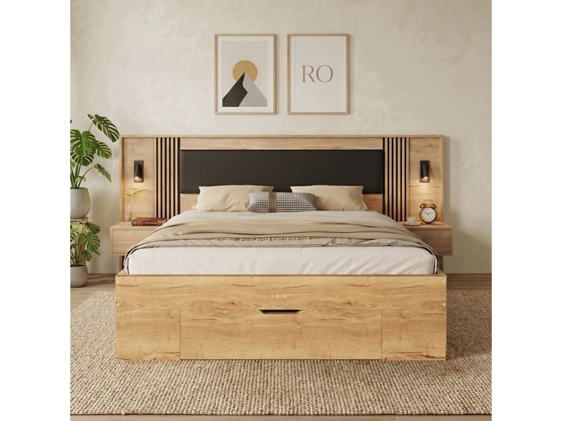  Lit double avec rangement - dimensions 160x200 cm - rangement intégré avec tiroirs - tables de chevet incluses naturel - Conforama D