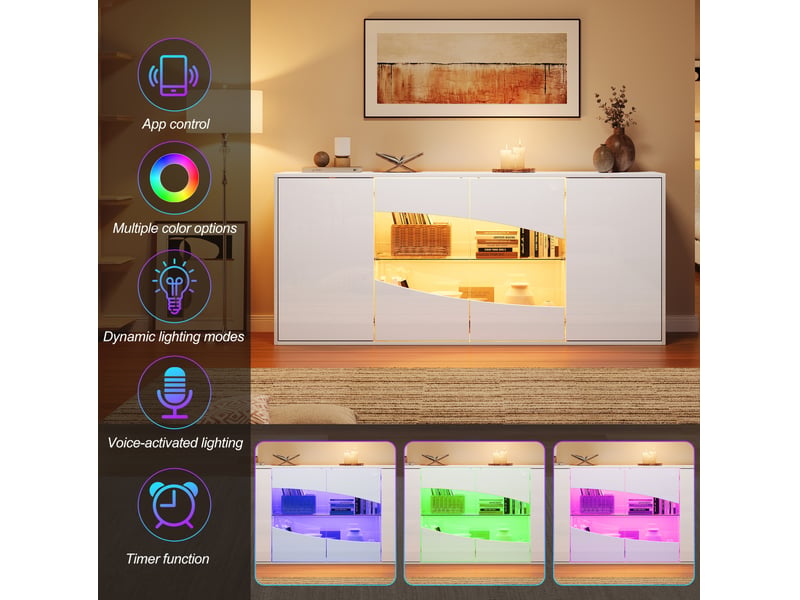  Buffet 160x35x70 cm à 4 portes avec led rgb, blanc brillant  - Conforama E