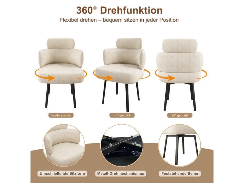  Chaise de salle à manger pivotante 360° avec accoudoirs, revêtement chenille et dossier incurvé, crème blanc, pour salle à manger salon coiffeuse  - Conforama E