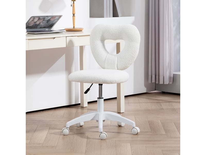  Chaise de bureau rembourrée avec dossier en forme de cœur et roulettes, en velours peluche et plastique, 45 x 56 x 78-88 cm, blanche  - Conforama D