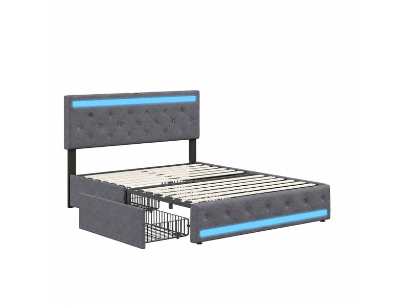  Lit double 140 x 200 cm gris avec 4 tiroirs, revêtement effet lin, éclairage led et port usb, sans matelas  - Conforama A