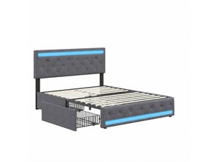 Lit double 140 x 200 cm gris avec 4 tiroirs, revêtement effet lin, éclairage led et port usb, sans matelas