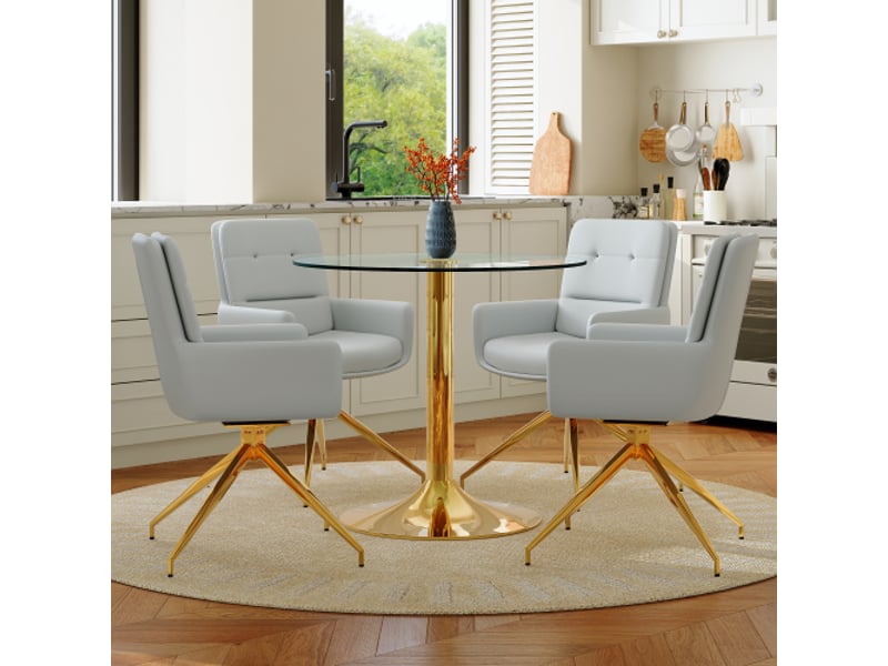  Ensemble table ronde en verre trempé ø85 cm - piètement métallique et 4 chaises pu gris clair pivotantes 360°  - Conforama B