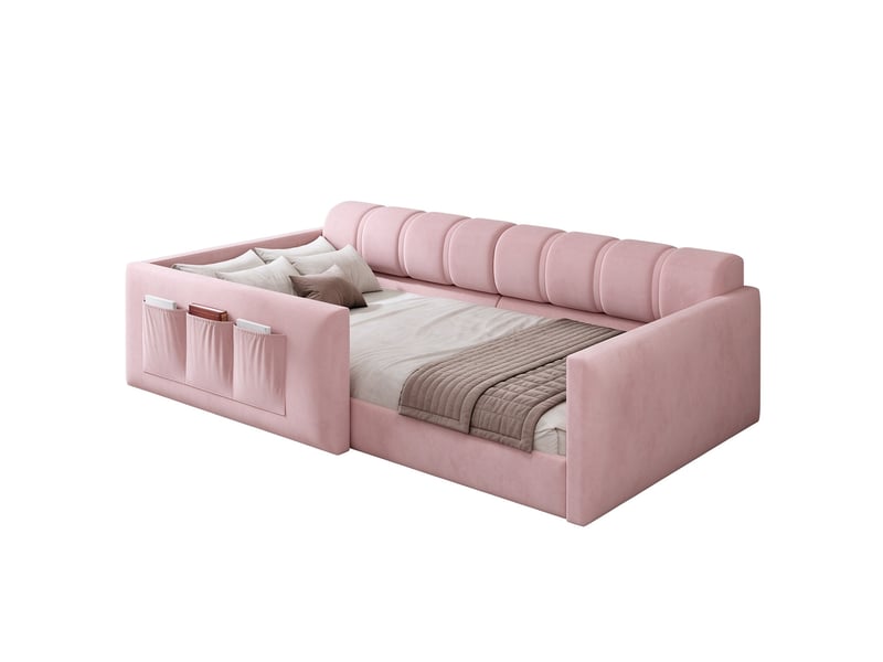 Lit enfant capitonné 90x200 – avec sommier à lattes – rose (matelas non inclus) - Conforama A