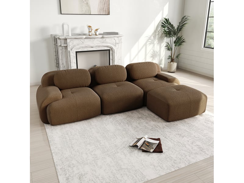  Canapé d'angle modulaire 298x178x70cm 3 places, canapé de salon, ergonomique, meuble de salon, velours côtelé, brun  - Conforama D