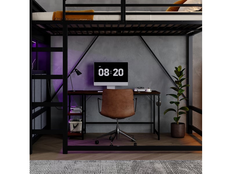  Lit mezzanine 120 × 200 cm 1 place avec étagères, tiroirs, éclairage et station de charge, sans matelas, noir gris  - Conforama C