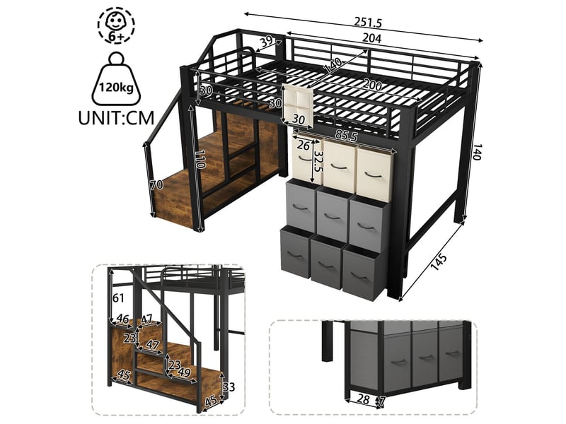  Lit mezzanine 140x200, structure métal robuste lit mezzanine avec escalier, tiroirs coulissants, penderie, garde-corps  - Conforama C