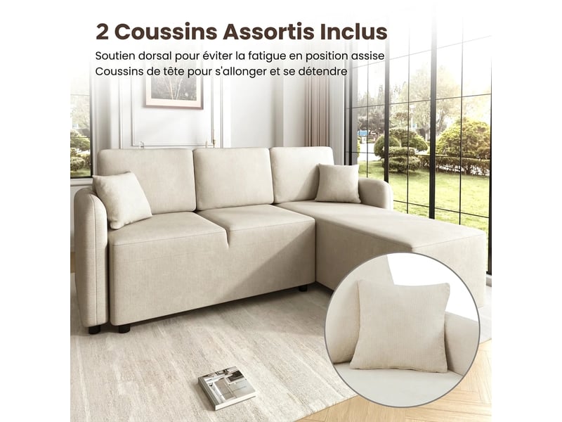 Canapé d'angle 3 places en l avec méridienne longue 144 cm - chenille douce, 2 coussins inclus - Conforama E