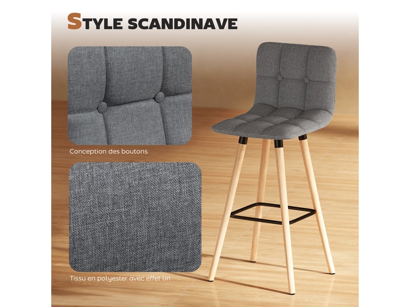  Lot de 2 tabourets de bar, chaises de bar capitonnées avec dossier et repose-pieds, 41,5x47x97,5cm, pieds en bois, gris  - Conforama E