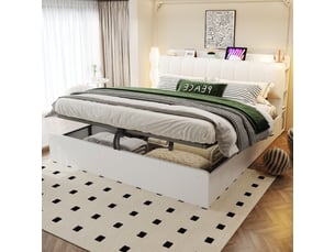 Lit en bois 180x200 cm – cadre hydraulique avec rangements, tête de lit à étagère et stockage, usb, blanc