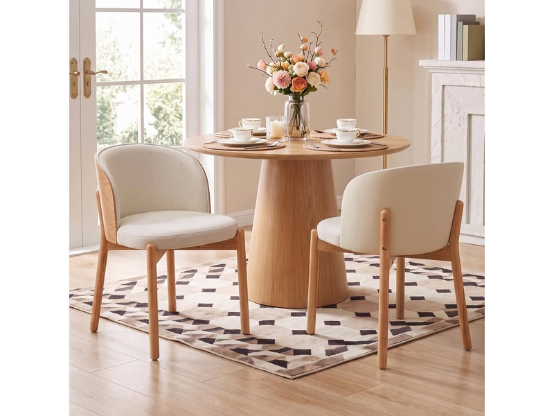 Lot de 2 chaises dossier incurvé en bois clair, tissu lin blanc - Conforama D